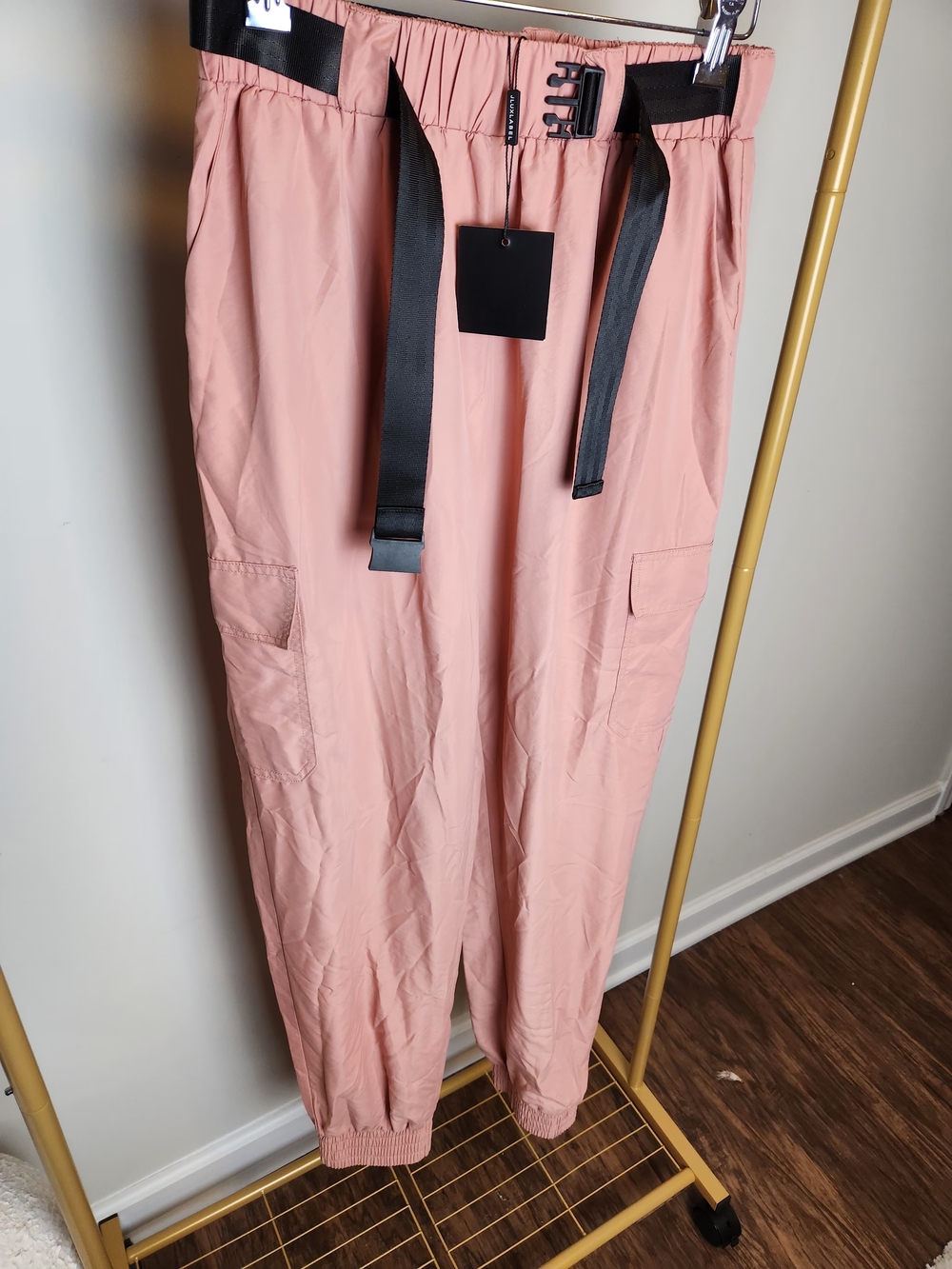 JLUXLABEL Dusty Rose Cargo Jogger Pants with Black Webbing Belt